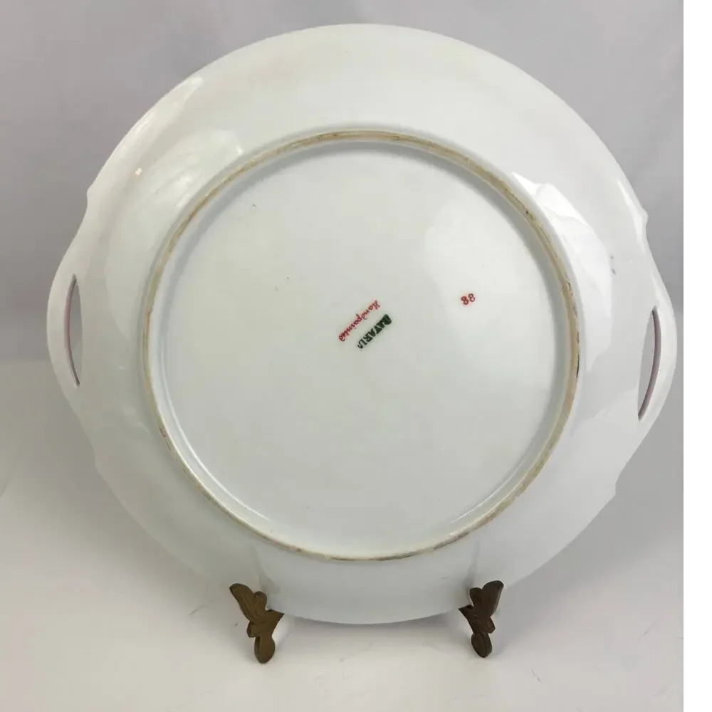 Antique Bavaria Germany Hand-Painted Porcelain Cake Plate Double Handle‎ Roses